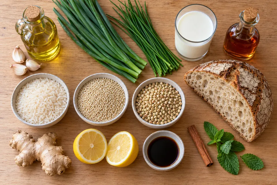 Les substituts du régime FODMAP : flacon d'huile d'olive infusée à l'ail, vert d'oignons nouveaux et ciboulette, lait sans lactose, sirop d'érable, pain au levain, riz et quinoa, gingembre et citron