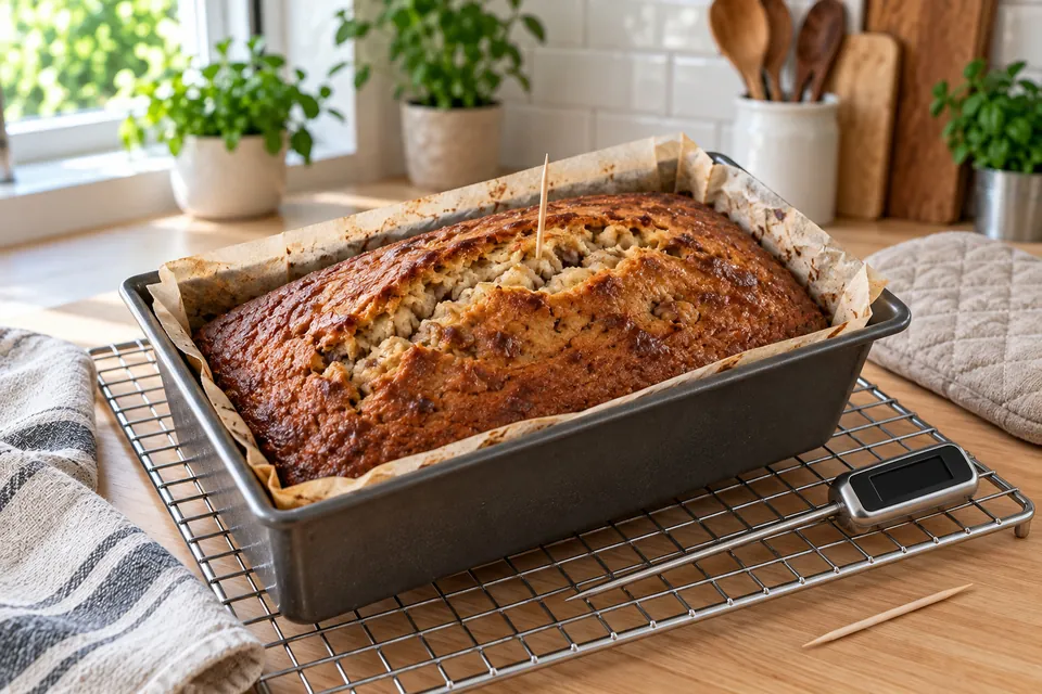 Banana bread sortant du four dans son moule, un cure-dent planté au centre ressortant sec et un thermomètre de cuisson posé à côté, bords dorés décollés du moule