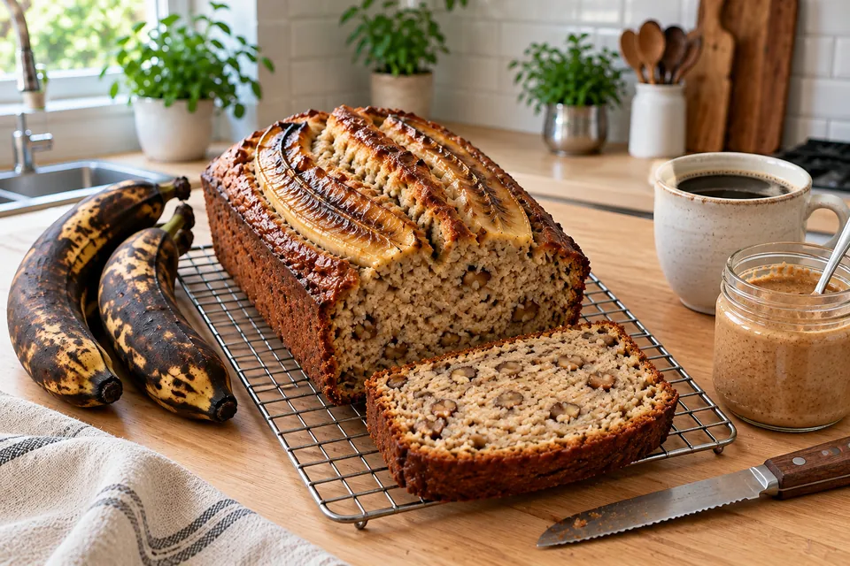 Banana bread sans gluten doré, décoré d'une banane coupée en deux sur le dessus, tranché montrant une mie moelleuse aux noix, avec bananes mûres à peau tachetée et bols de farine de riz et poudre d'amande
