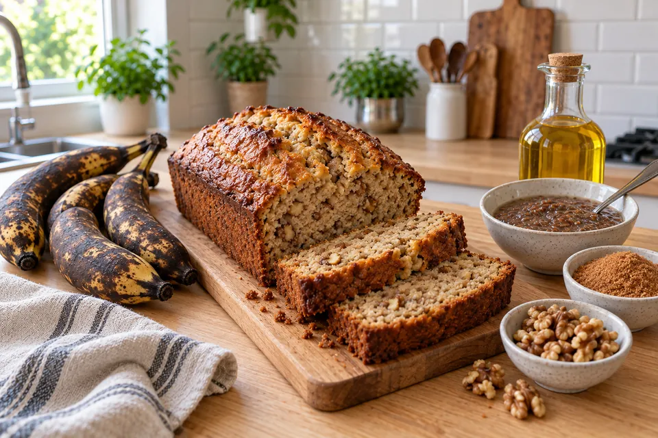 Banana bread vegan sans gluten tranché, mie dense et humide aux noix, avec bol de gel de graines de lin, bouteille d'huile, bananes et coupelle de sucre de coco