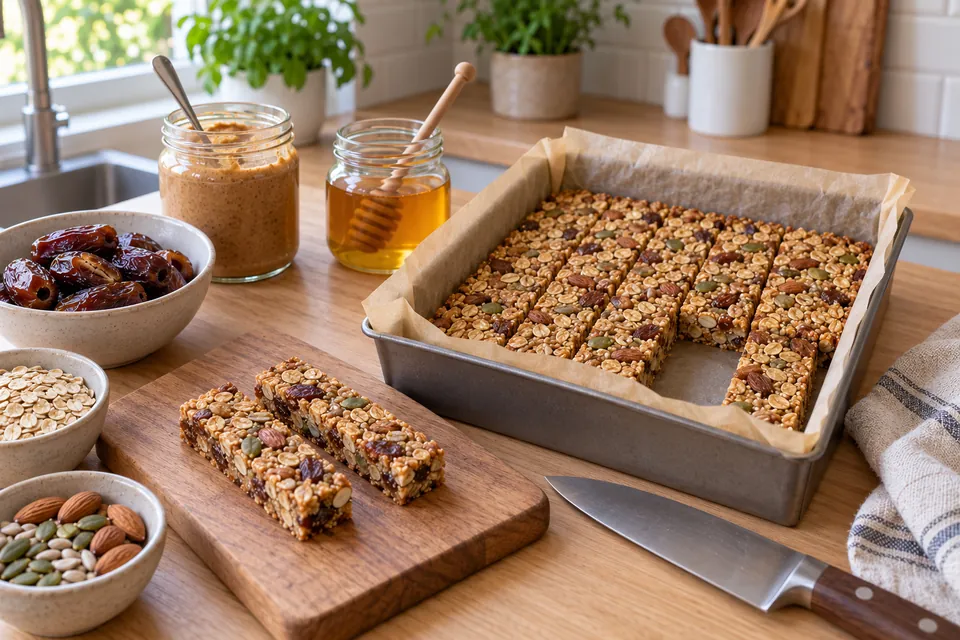 Barres de céréales aux flocons d'avoine, amandes et dattes, dorées et coupées dans leur moule chemisé de papier cuisson, bol de dattes et pot de purée d'amande à côté