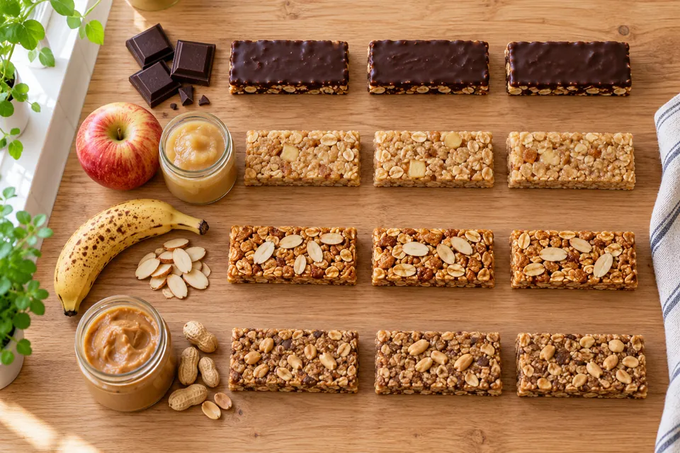 Quatre variantes de barres de céréales healthy alignées : nappées de chocolat noir, à la compote, croustillantes à la banane, au beurre de cacahuète, avec l'ingrédient de chacune devant