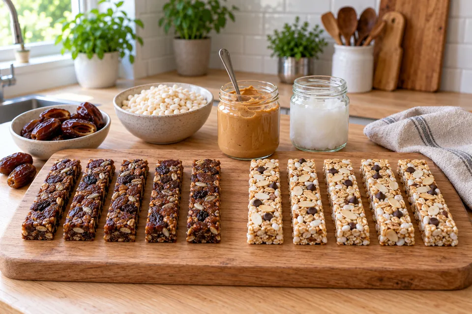 Deux sortes de barres de céréales sans cuisson : barres moelleuses aux dattes et beurre de cacahuète, et barres croustillantes au riz soufflé et amandes effilées, pot de beurre de cacahuète à côté