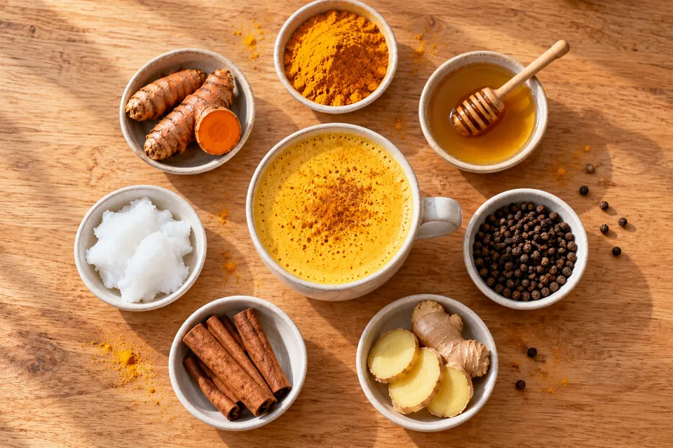 Les ingrédients du lait d'or vus de dessus : curcuma en poudre et frais, grains de poivre noir, gingembre, bâtons de cannelle, huile de coco et miel