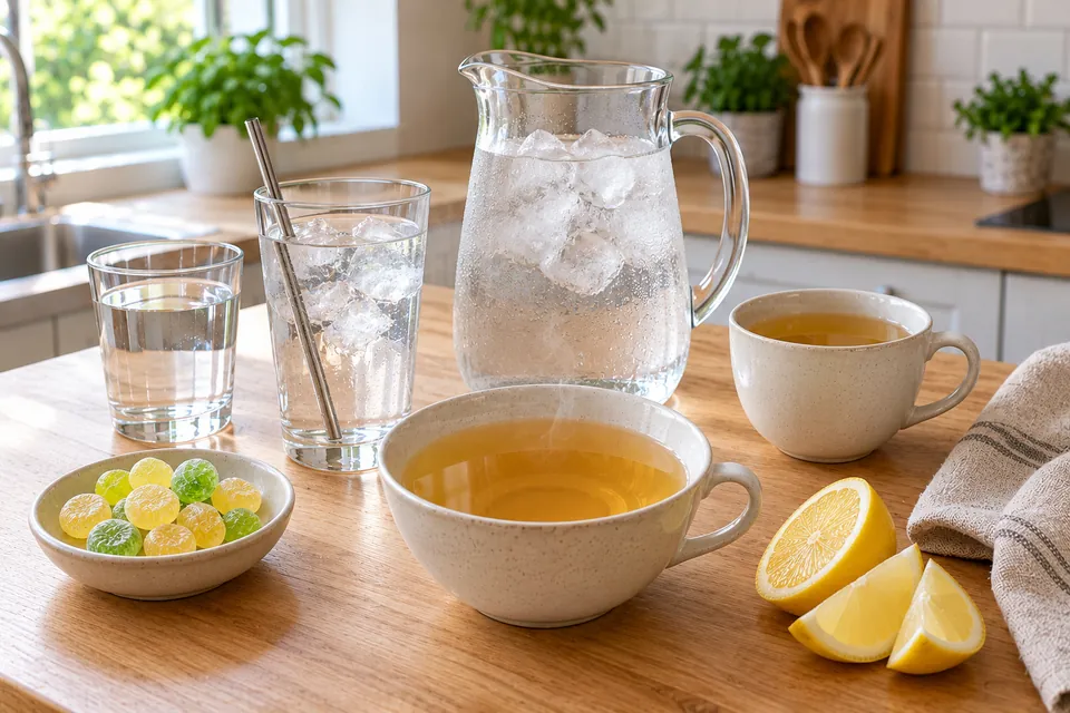 Pichet de solution de préparation pour coloscopie au réfrigérateur, grand verre avec une paille, quartiers de citron, tasse de bouillon clair chaud et tasse de thé