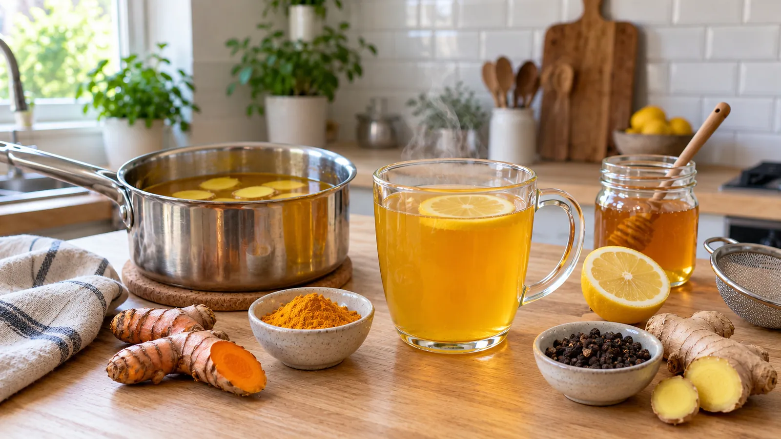 Boisson curcuma gingembre anti-inflammatoire recette : tasse d'infusion dorée, rhizomes de curcuma et de gingembre frais, grains de poivre noir, citron coupé et pot de miel sur un plan de travail en bois