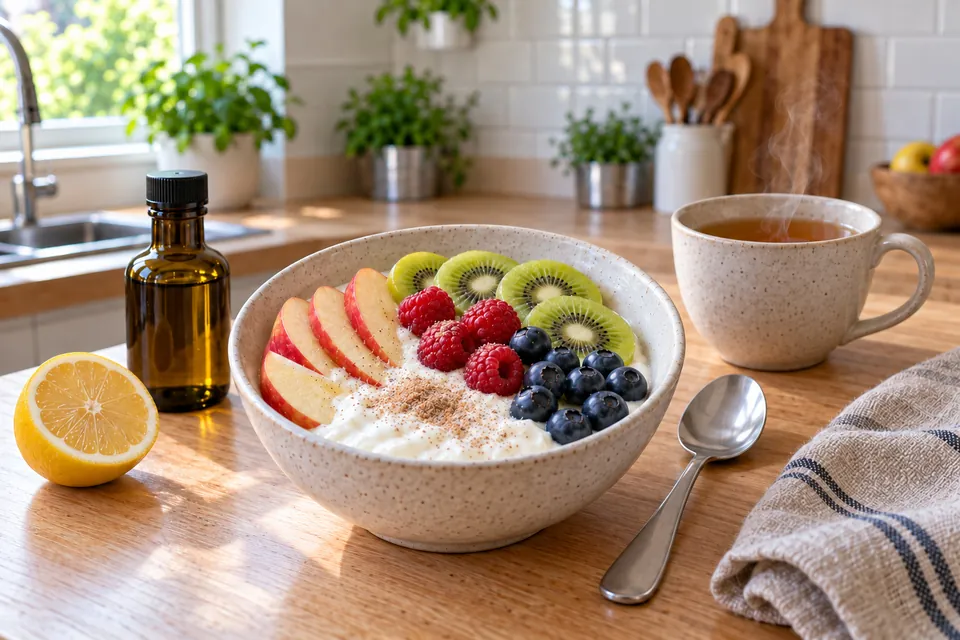 Bol de crème Budwig garni de fruits frais sur une table de petit-déjeuner, avec une tasse de thé, un demi-citron et une bouteille d'huile de lin
