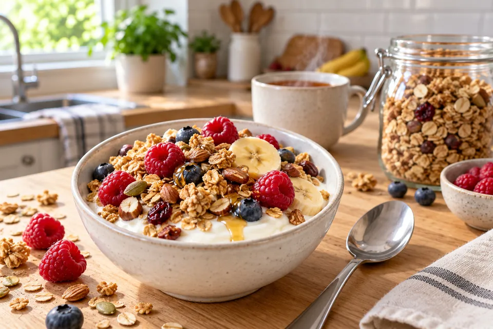 Bol de yaourt garni de muesli maison croustillant, de framboises, de rondelles de banane et de myrtilles, bocal de muesli à côté
