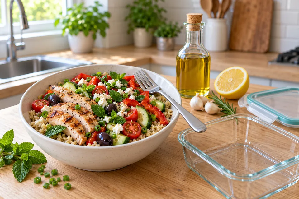 Bol de quinoa low FODMAP au poulet grillé, concombre, tomates cerises, poivron, feta et vert d'oignon nouveau, avec un petit flacon d'huile infusée à l'ail