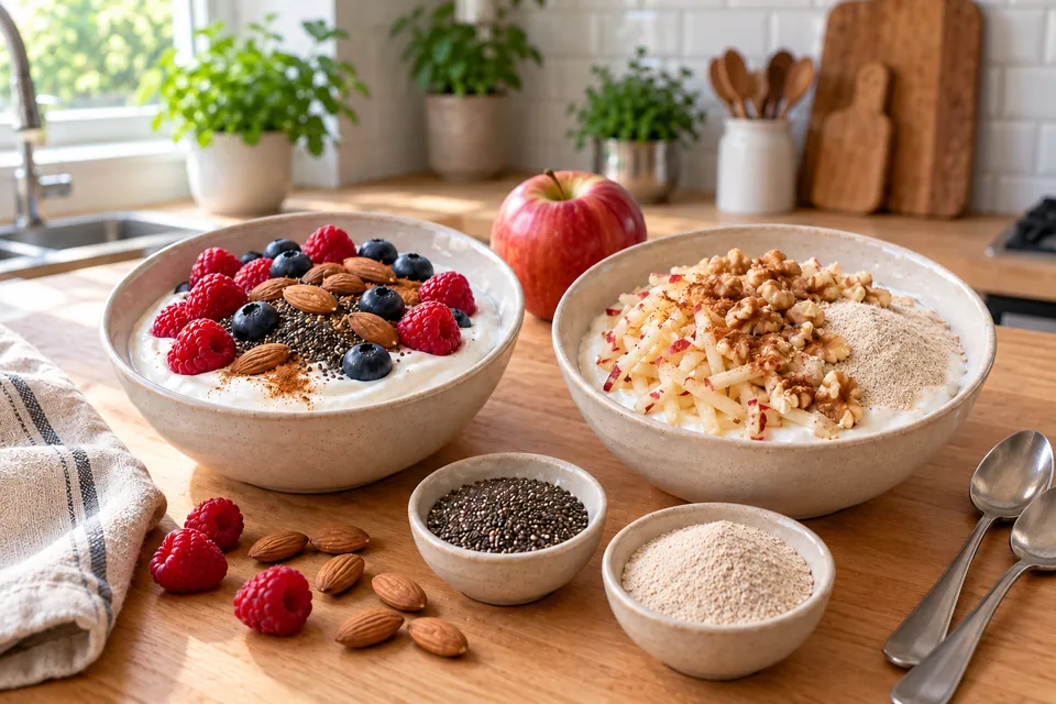 Bol de skyr aux fruits rouges, graines de chia et amandes, et bol de fromage blanc à la pomme râpée et au son d'avoine, petit-déjeuner minceur