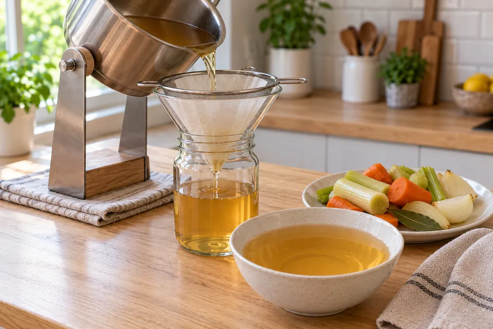 Bouillon clair de légumes pour coloscopie filtré à travers un tamis fin et un filtre à café, bol de bouillon transparent ambré, carottes, poireau, céleri et laurier à côté