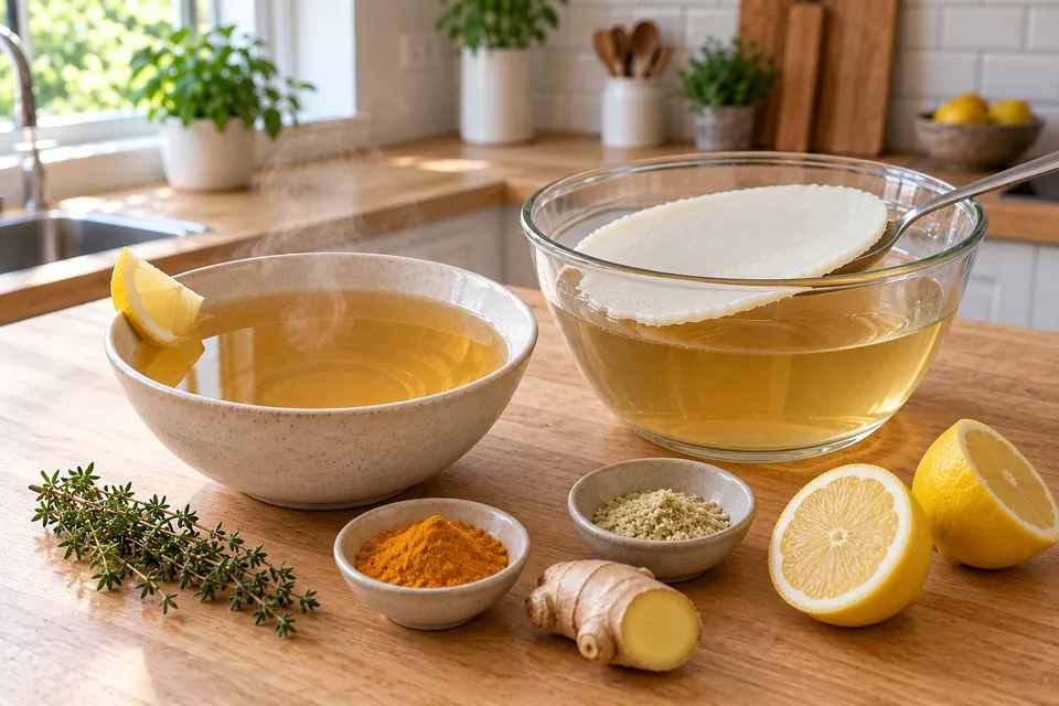 Bouillon clair de volaille doré dans un bol avec un quartier de citron, saladier de bouillon refroidi avec la couche de gras figée retirée à la cuillère