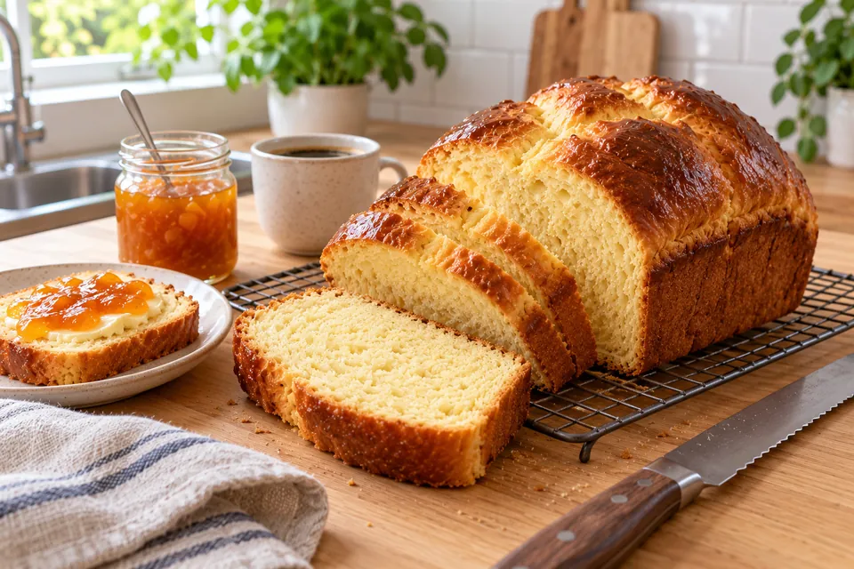 Brioche sans gluten dorée dans son moule à cake, deux tranches coupées montrant une mie fine, humide et moelleuse, pot de confiture à côté