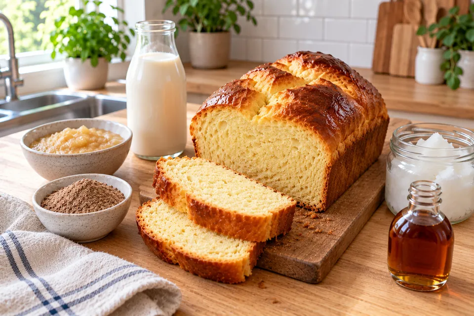 Brioche sans gluten, sans lait et sans œufs, dorée au sirop d'érable, tranchée, avec bouteille de lait de soja, compote, graines de lin et huile de coco