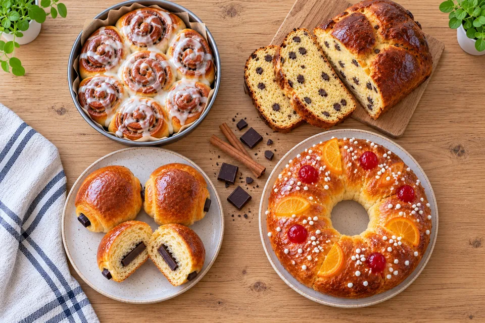 Brioches sans gluten en variantes : roulés à la cannelle glacés, brioche aux pépites de chocolat tranchée, petits pains au chocolat briochés et couronne des rois aux fruits confits