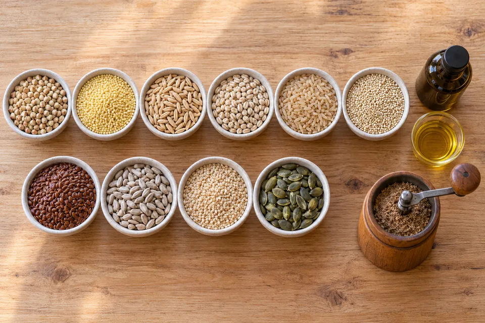 Coupelles de céréales crues pour la crème Budwig, sarrasin, millet, avoine, orge, riz complet, quinoa, et de graines de lin, tournesol, sésame et courge, avec une bouteille d'huile de lin
