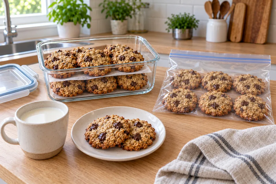 Cookies banane flocons d'avoine rangés dans une boîte en verre entre des feuilles de papier cuisson, et un sachet de congélation à côté