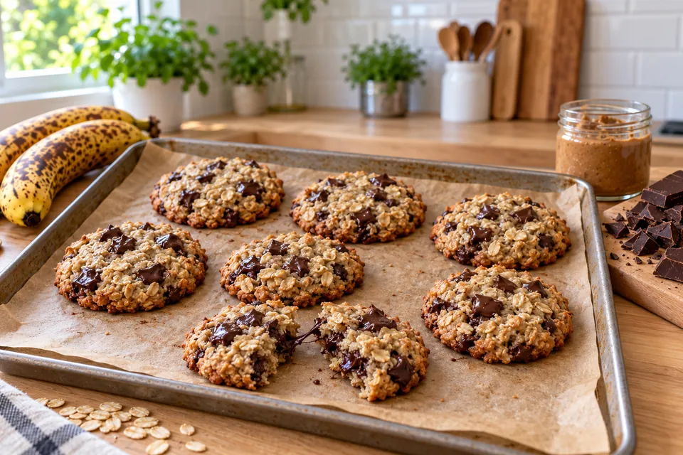 Cookies banane flocons d'avoine aux pépites de chocolat noir fondantes, un cookie cassé en deux montrant l'intérieur moelleux