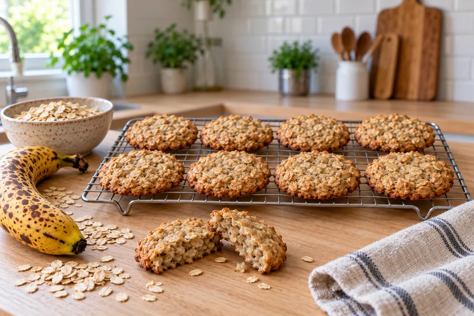 Cookies banane flocons d'avoine à deux ingrédients, dorés et moelleux, refroidissant sur une grille