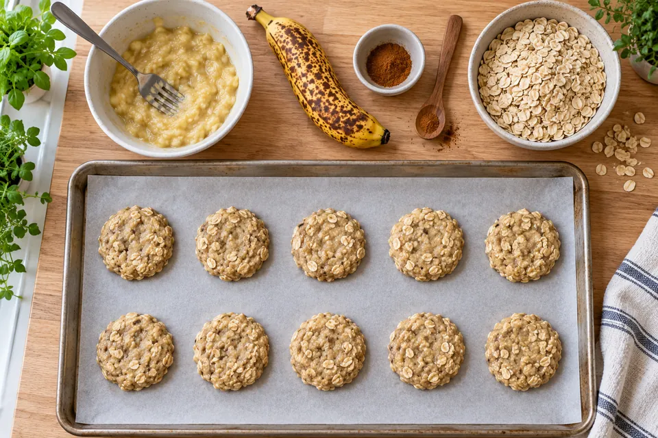 Bananes très mûres écrasées dans un bol, flocons d'avoine, et la pâte à cookies mélangée façonnée en disques sur une plaque