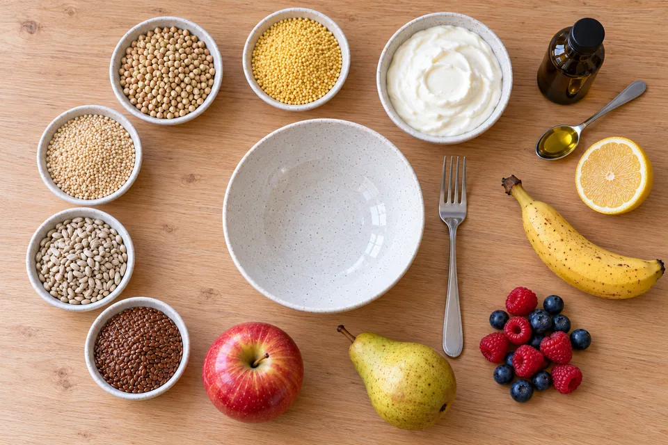 Les ingrédients de la crème Budwig originale : fromage blanc, huile de lin, demi-citron, banane, graines de lin et de tournesol, sarrasin et millet en grains, fruits frais