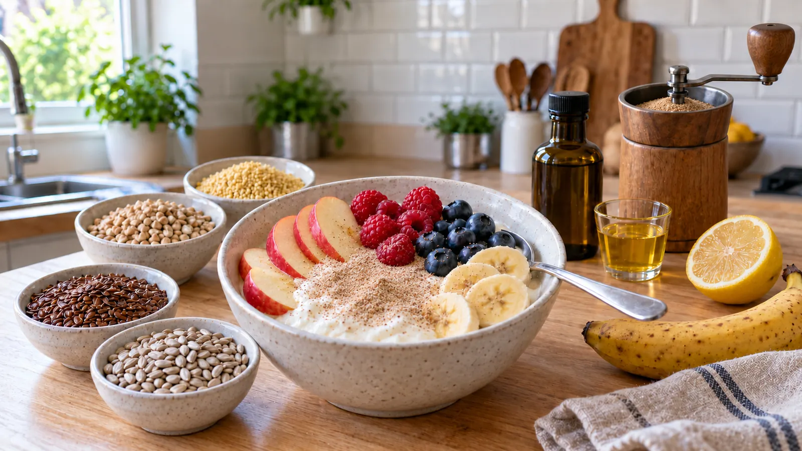 Crème Budwig recette : bol de crème blanche garni de fruits frais et de graines moulues, avec bouteille d'huile de lin, demi-citron, banane, graines et céréales crues sur un plan de travail en bois