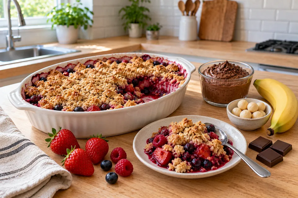 Desserts pauvres en FODMAP : crumble aux fruits rouges et flocons d'avoine dans un plat, ramequin de mousse au chocolat noir, banane et noix de macadamia à côté