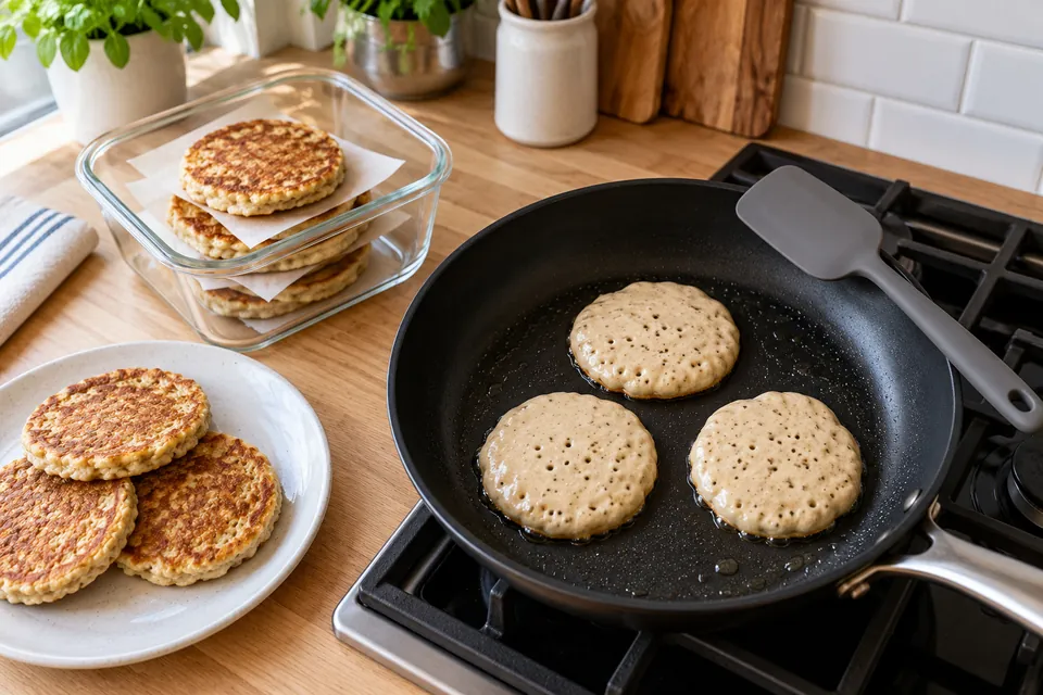Trois petits pancakes en cuisson dans une poêle antiadhésive, bulles perçant la surface, une spatule prête à retourner, boîte de pancakes empilés avec papier cuisson à côté