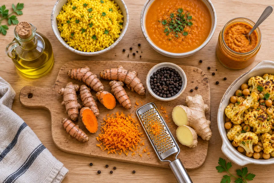Curcuma frais râpé sur une planche avec gingembre, poivre noir en grains, huile d'olive, et autour un bol de riz au curcuma, une soupe de lentilles et un bocal de pâte curcuma gingembre