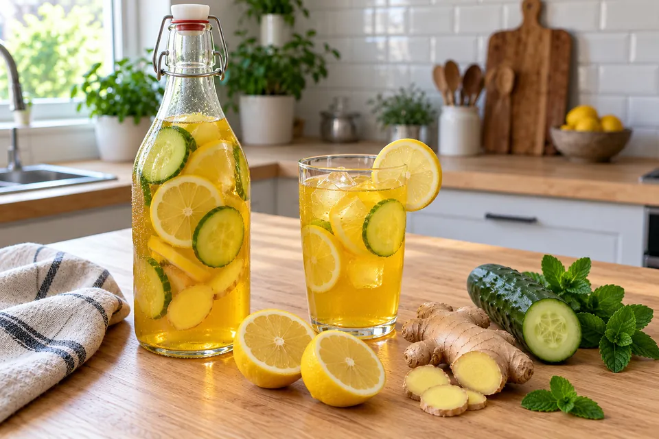 Bouteille en verre et verre d'infusion froide curcuma gingembre citron, jaune doré, avec rondelles de citron et de concombre, gingembre frais et glaçons