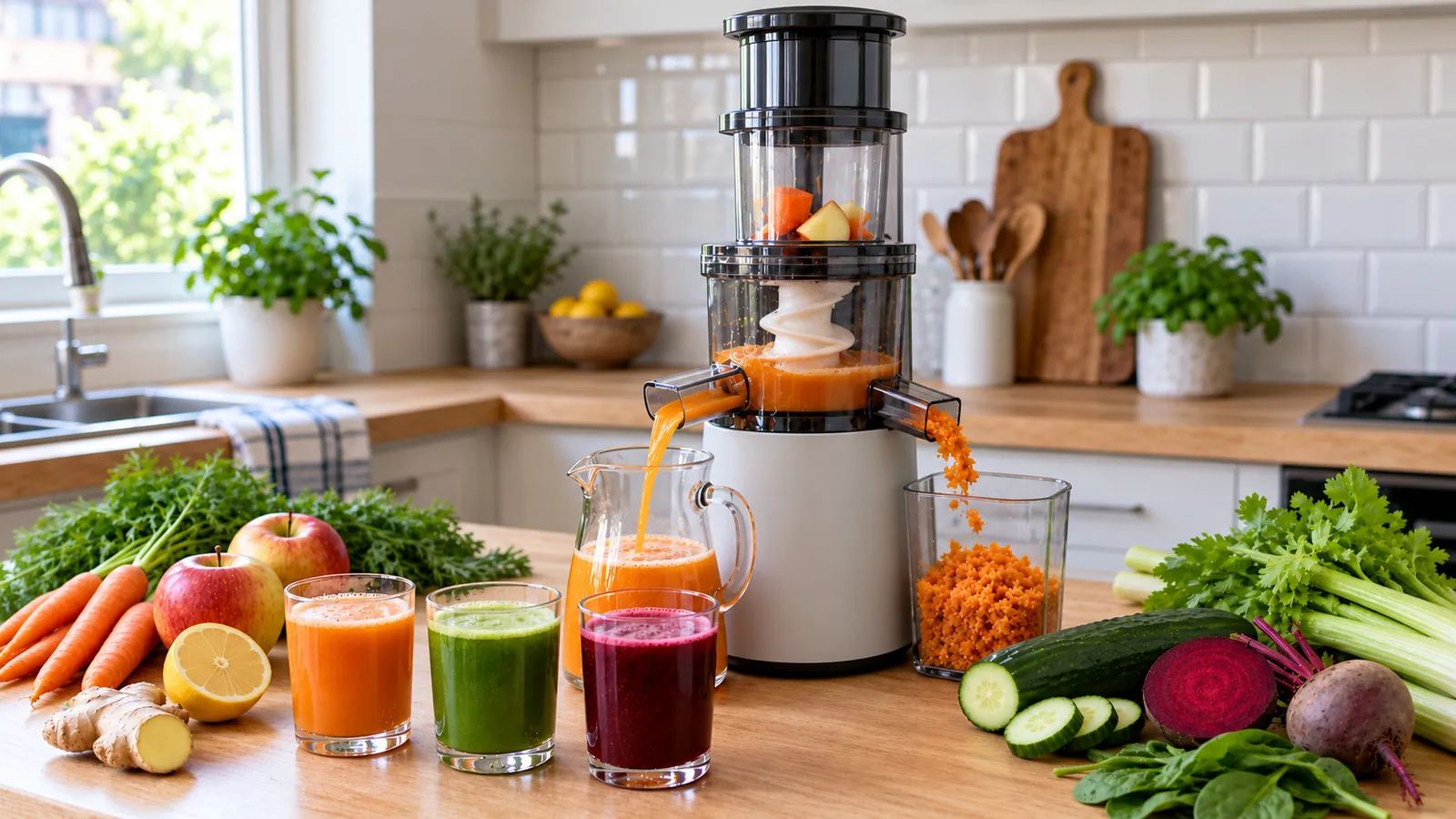 Extracteur de jus recette par recette : extracteur à vis sur un plan de travail, entouré de verres de jus orange, vert et rouge et de fruits et légumes frais