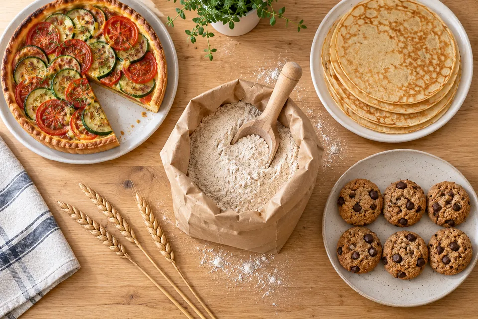Sac de farine de petit épeautre ouvert avec autour une tarte aux légumes, une pile de crêpes et des cookies, tous à la farine d'épeautre