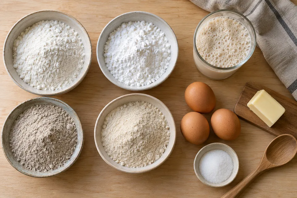 Bols de farine de riz, de fécule de maïs, de farine de sarrasin et de psyllium blond, levure de boulanger qui mousse dans un verre de lait tiède, œufs et beurre pour la brioche sans gluten