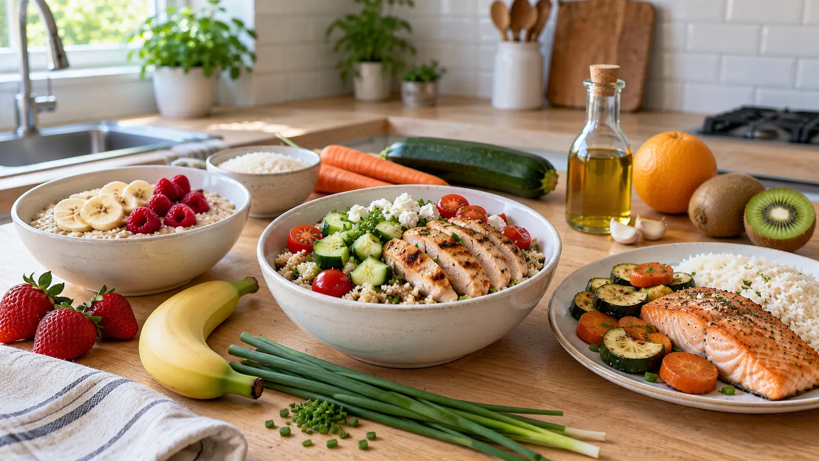 FODMAP recettes : table avec un bol de quinoa au poulet, un saumon au four avec courgettes, un porridge aux fruits rouges, et des ingrédients pauvres en FODMAP, riz, carottes, courgettes, banane ferme, fraises, kiwi et flacon d'huile à l'ail