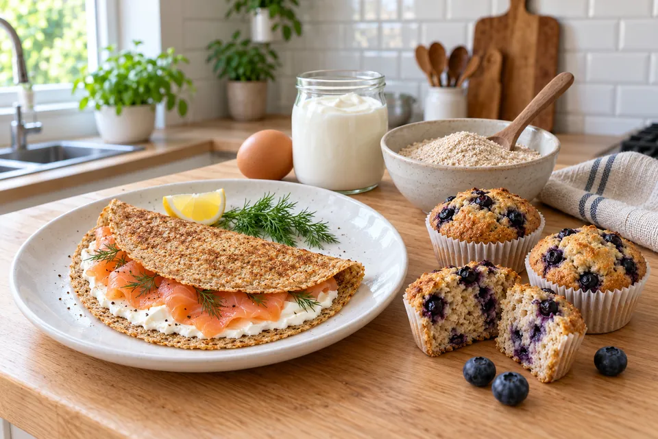 Galette de son d'avoine garnie de fromage frais et saumon fumé, muffins au son d'avoine et myrtilles, bol de son d'avoine en poudre
