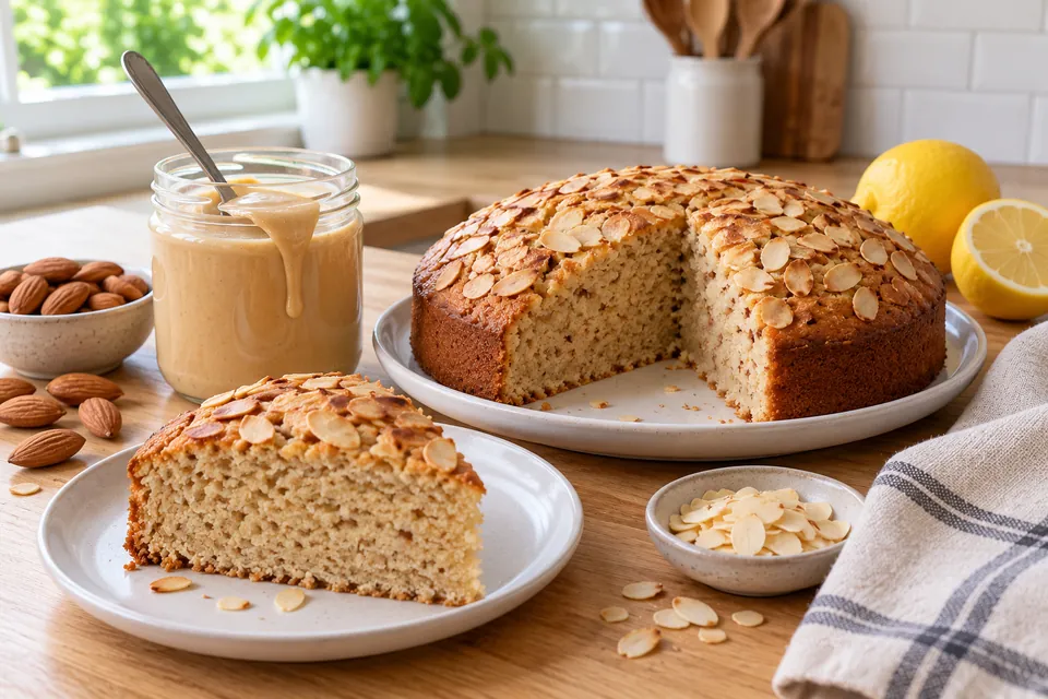Gâteau moelleux à la purée d'amande coupé, une part posée sur une assiette, pot de purée d'amande et citron à côté