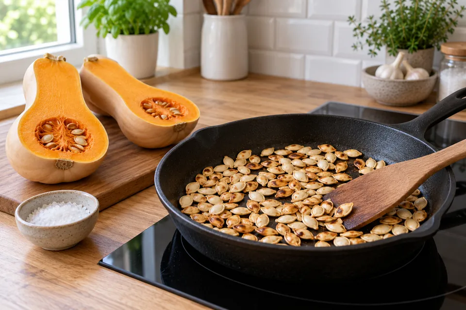 Graines de butternut en train de griller dans une poêle en fonte, à côté d'un butternut coupé en deux