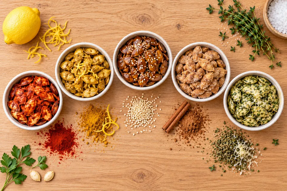 Cinq petits bols de graines de courge grillées aux assaisonnements différents : paprika, curry, tamari sésame, cannelle sucre, herbes et parmesan