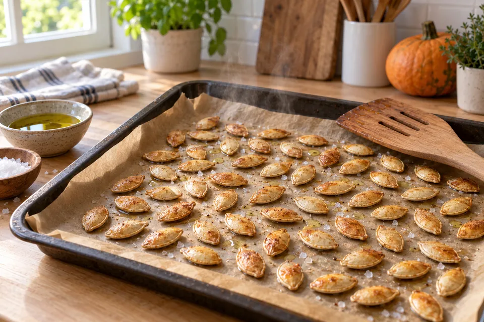 Plaque de four avec des graines de courge grillées dorées, étalées en une seule couche sur du papier cuisson