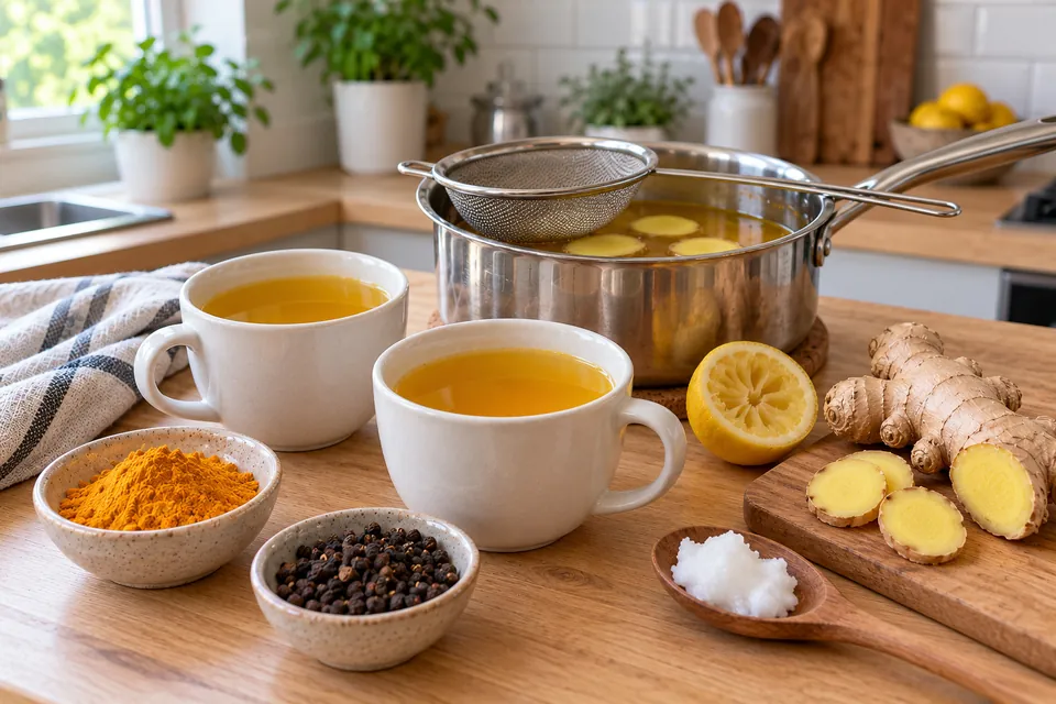 Infusion curcuma gingembre dorée dans une casserole et deux tasses, avec gingembre en rondelles, curcuma en poudre, poivre noir et demi-citron