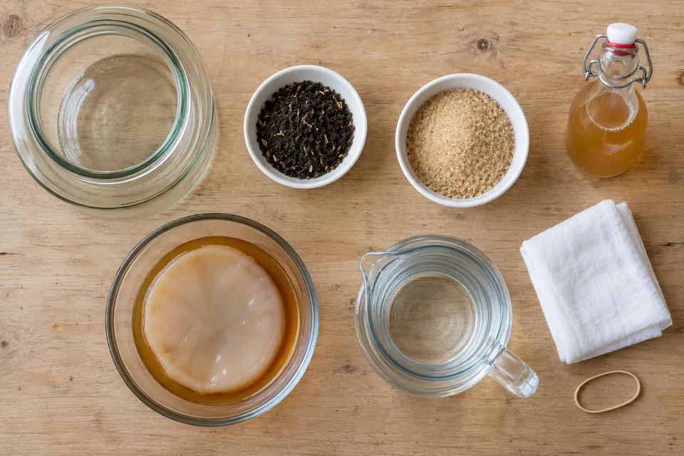 Ingrédients pour 3 litres de kombucha : bocal en verre vide, thé noir en vrac, sucre blond, petite bouteille de kombucha nature et mère de kombucha dans un bol