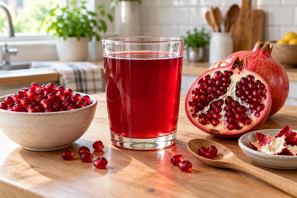 Verre de jus de grenade rouge rubis, bol de grains de grenade et grenade coupée en deux sur un plan de travail