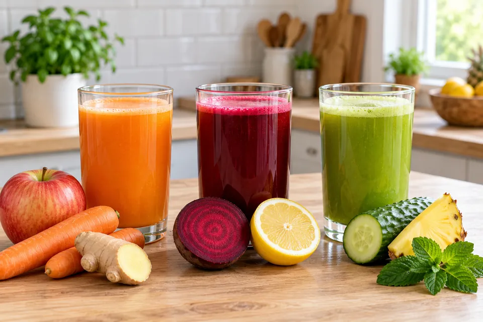 Trois verres de jus de fruits et légumes faits à l'extracteur : orange pomme carotte, rouge betterave, vert concombre, avec leurs ingrédients devant