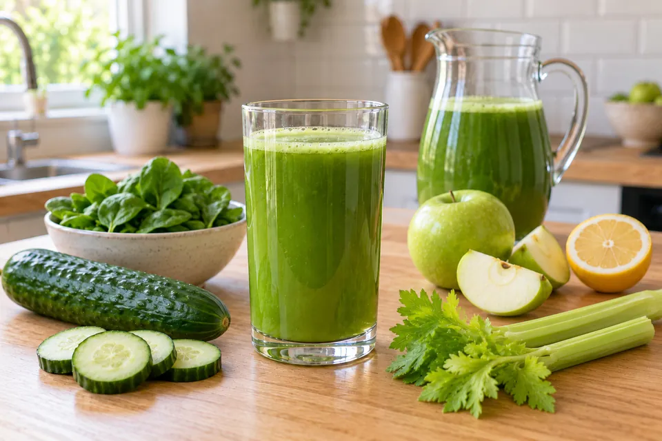 Grand verre de jus vert de légumes avec concombre, branches de céleri, jeunes épinards, pomme verte et citron disposés autour