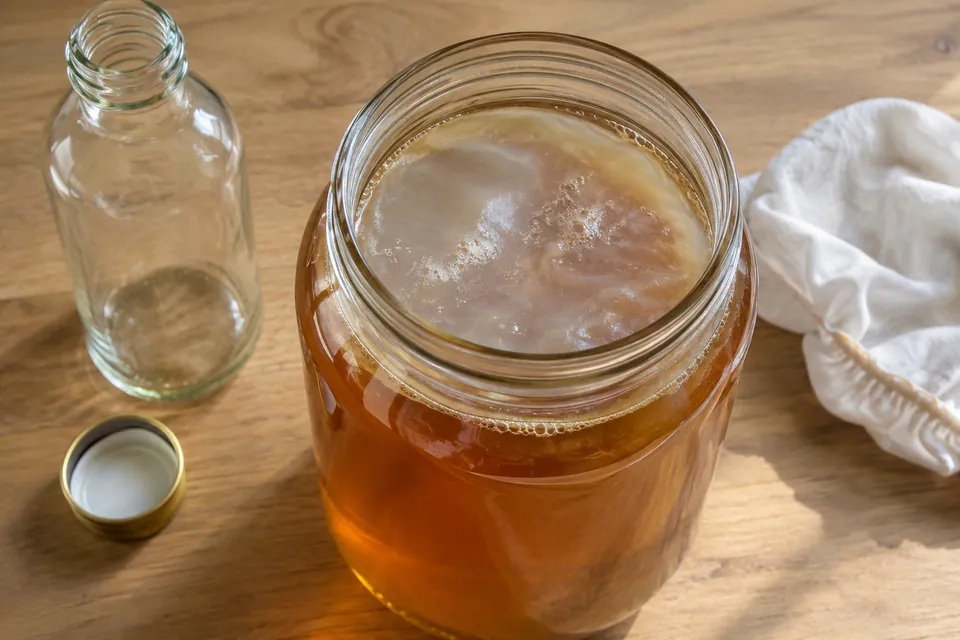Petit bocal d'un litre vu de dessus : une jeune mère de kombucha fine et translucide s'est formée à la surface du thé