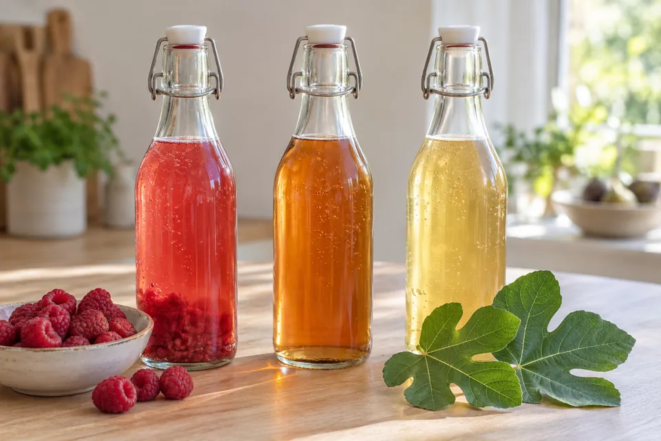 Trois bouteilles à fermeture mécanique de kombucha : une rose aux framboises, une ambrée nature, une dorée avec une feuille de figuier posée à côté