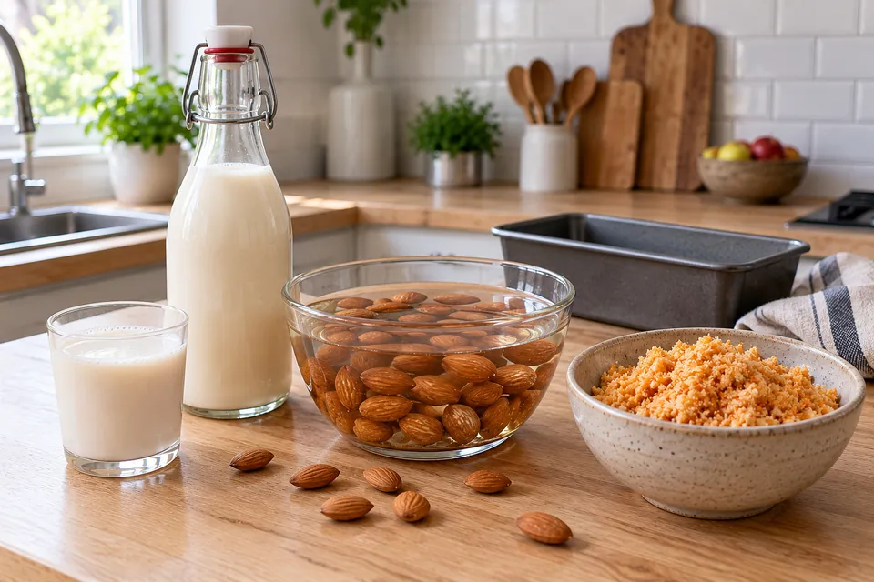 Bouteille de lait d'amande maison, bol d'amandes trempées et bol de pulpe de carotte et de pomme récupérée de l'extracteur de jus
