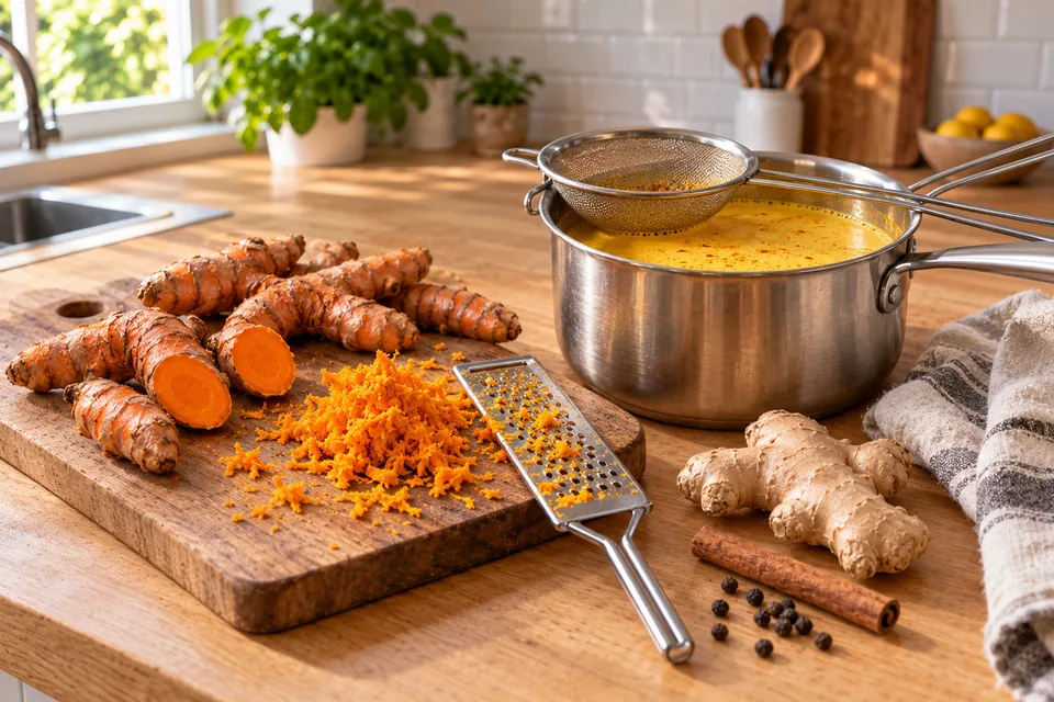 Rhizomes de curcuma frais coupés et râpés, gingembre et casserole de lait d'or orange vif sur un plan de travail en bois