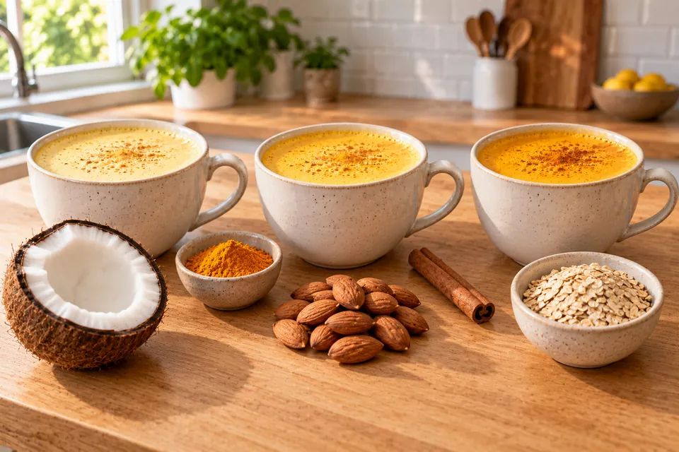 Trois tasses de lait d'or au lait végétal, coco, amande et avoine, avec noix de coco, amandes et flocons d'avoine devant chacune