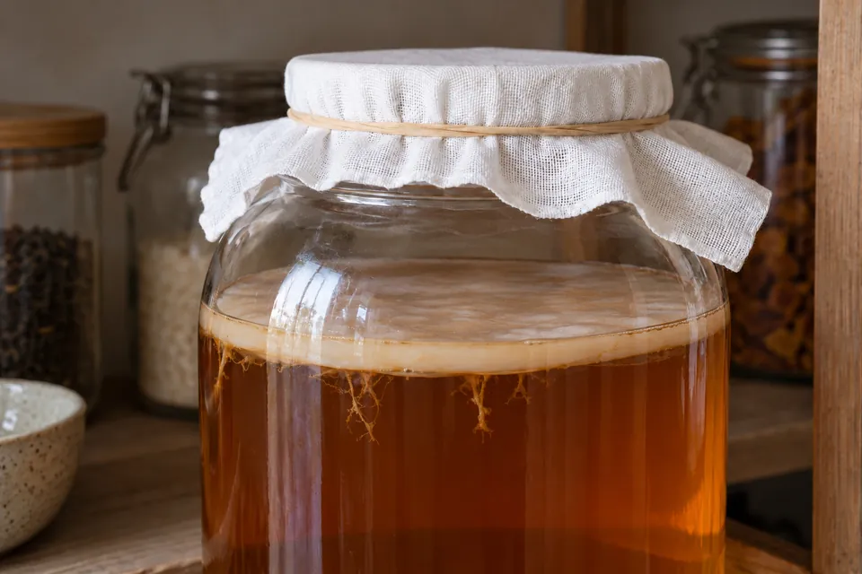 Bocal de kombucha en fermentation : thé ambré, mère beige flottant en surface, ouverture couverte d'un linge blanc tenu par un élastique